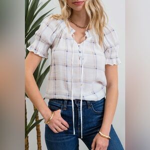 Women’s Plaid Split Necked Smocked Blouse